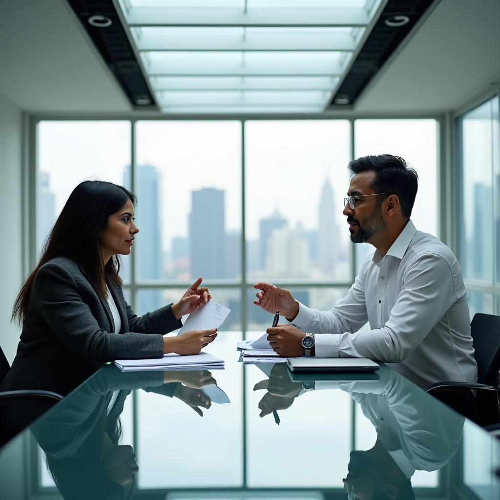 Two professionals discussing financial documents at a glass-topped desk in a modern office setting