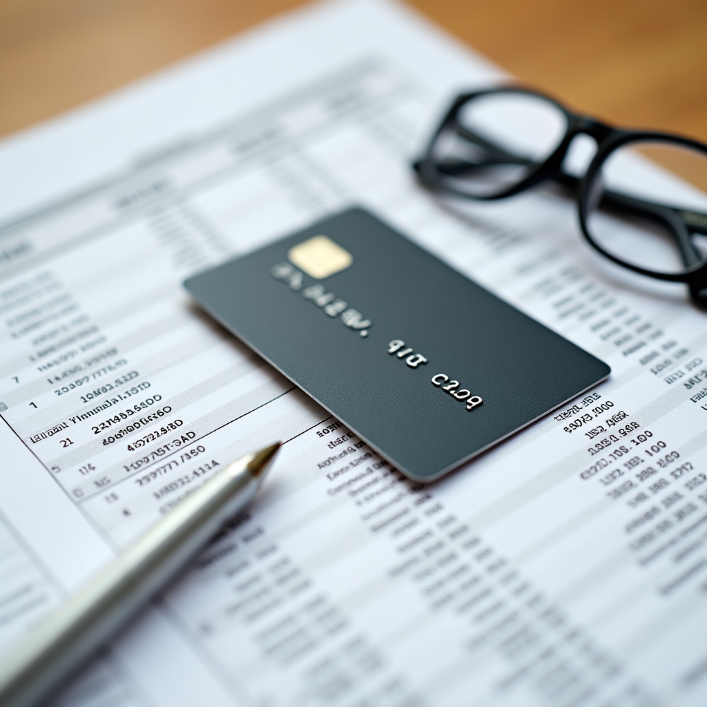 Credit card placed on a financial document with a pen nearby, suggesting financial decision-making