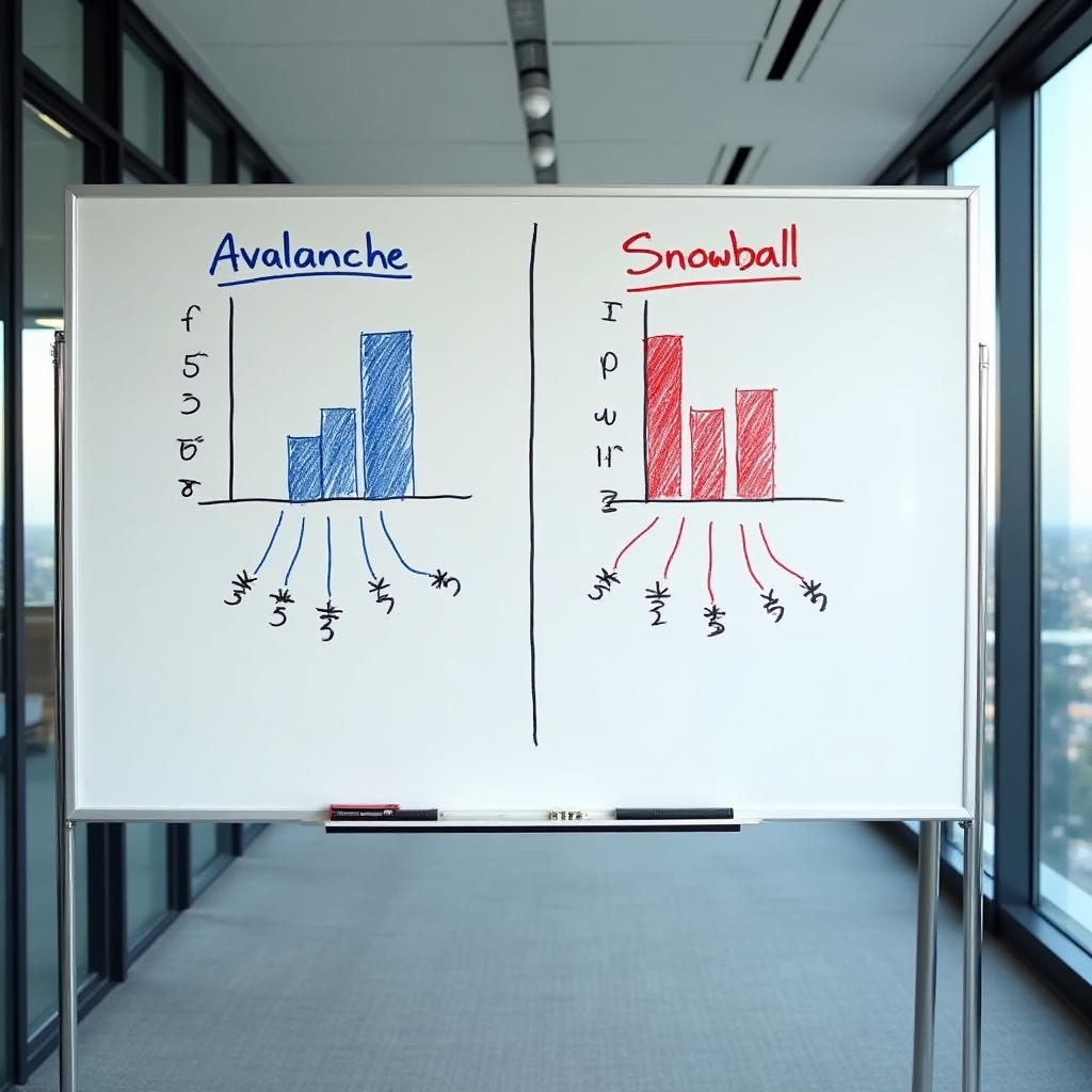 Whiteboard showing a debt payoff strategy chart with figures and arrows, in a modern office setting