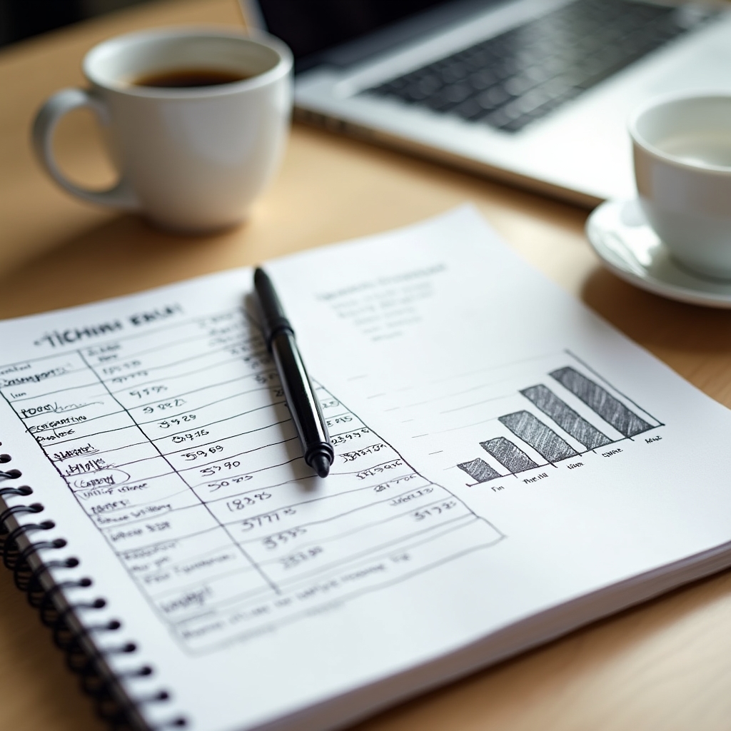 Expense tracking notebook open next to a coffee cup on a light wooden desk
