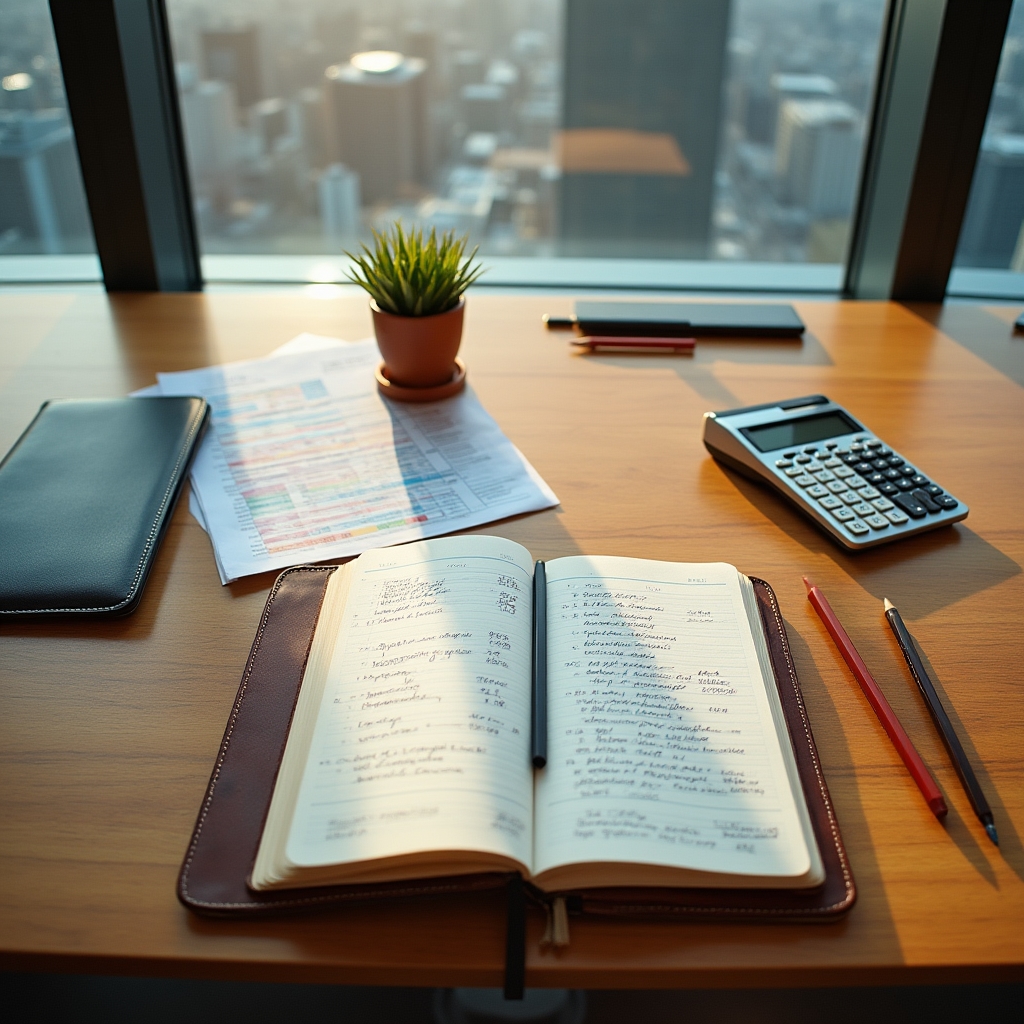 Desk overview with financial planning documents, calculator and notebook