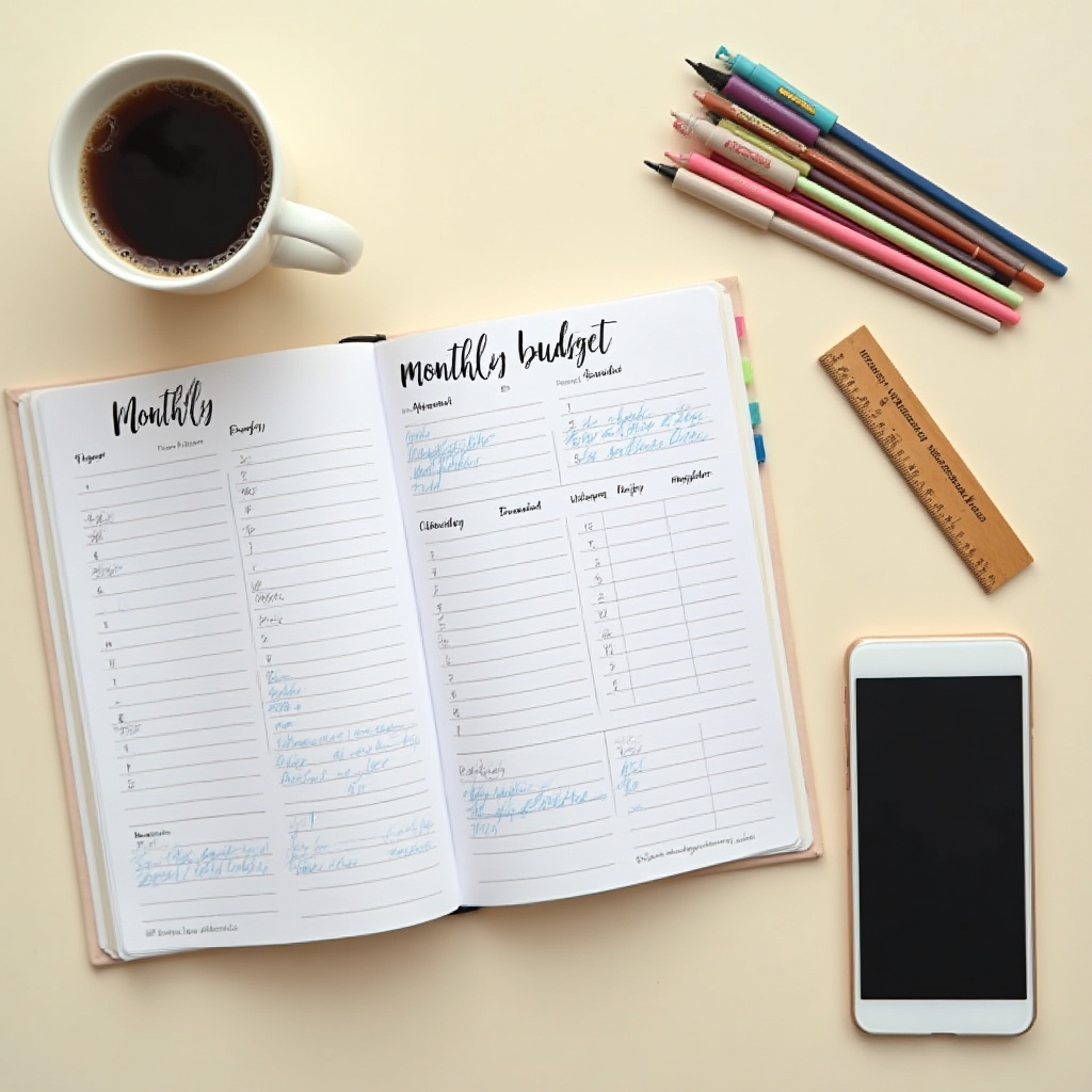 Monthly budget planning workspace with organized papers and pen