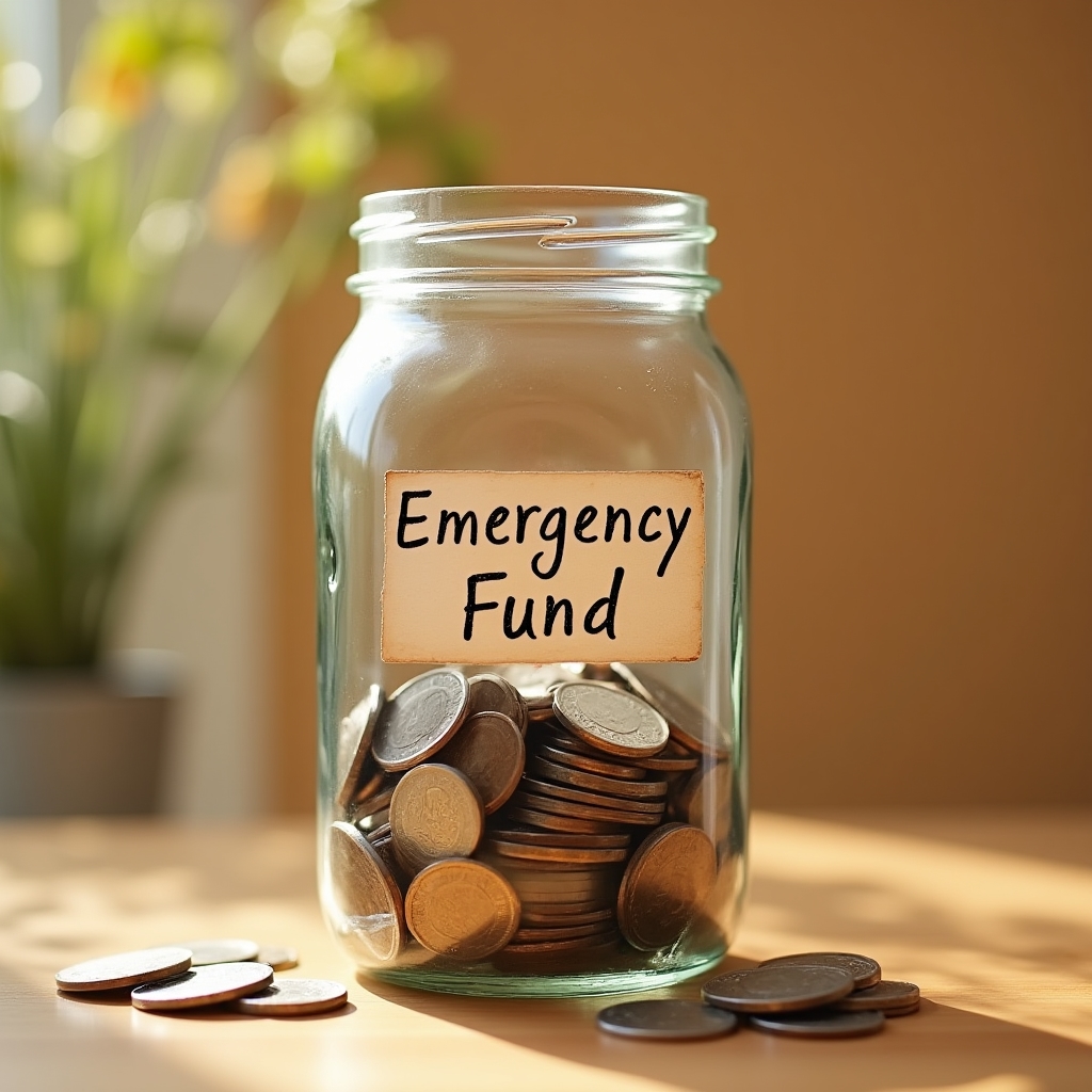 Glass jar with coins representing savings goals on a wooden surface