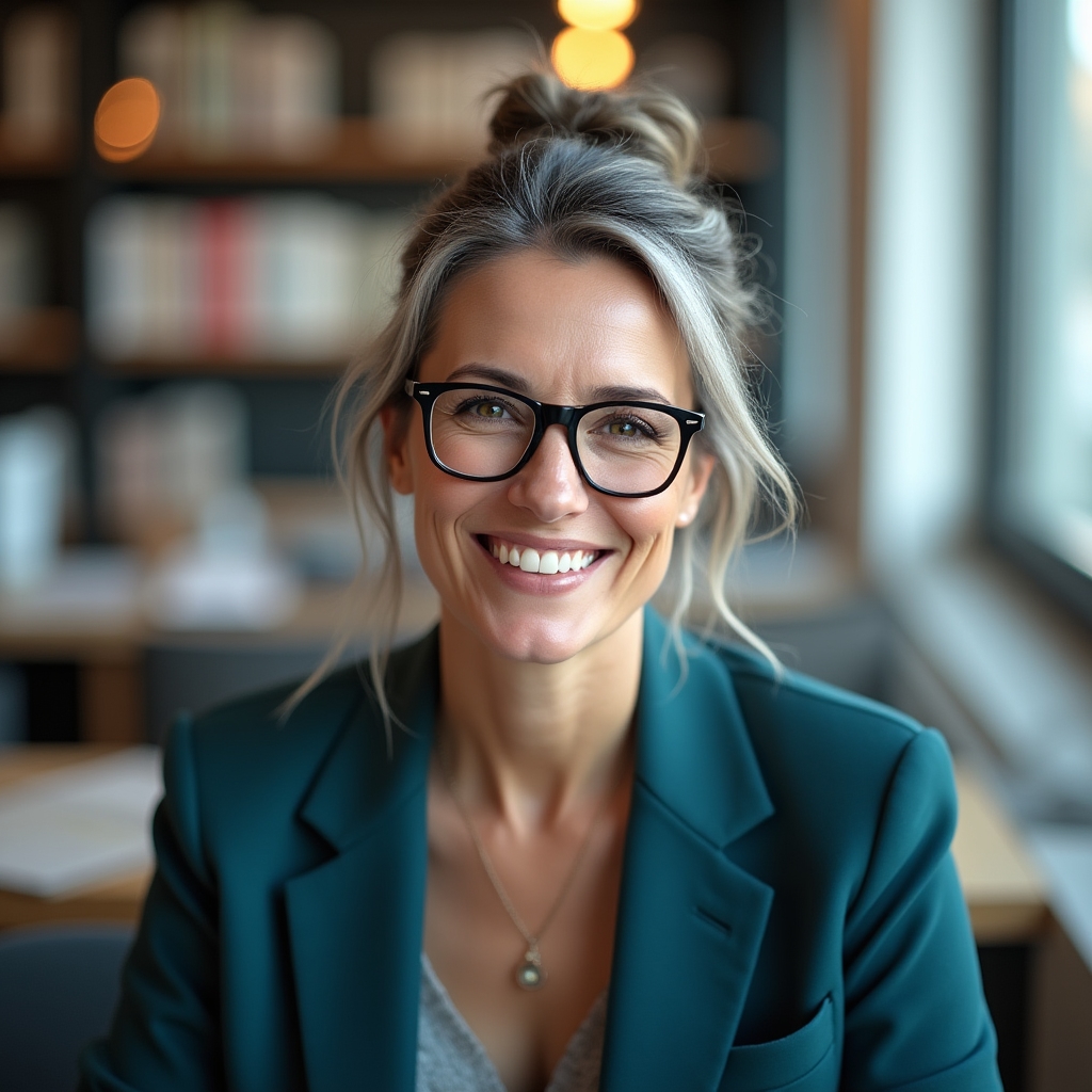 Content strategist, woman in her early fifties, glasses, approachable smile
