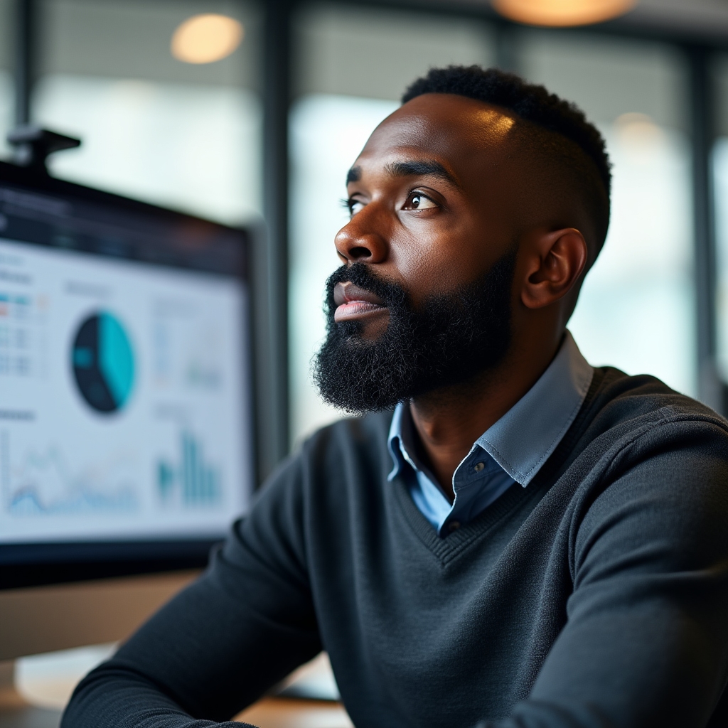 Data researcher, man in his late forties, casual business wear, attentive expression