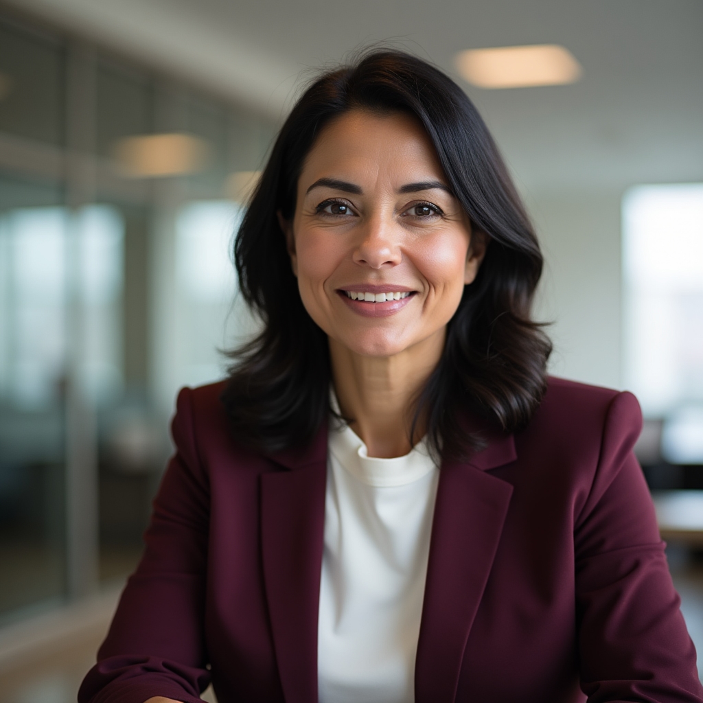Financial analyst, woman in her forties, professional attire, thoughtful expression