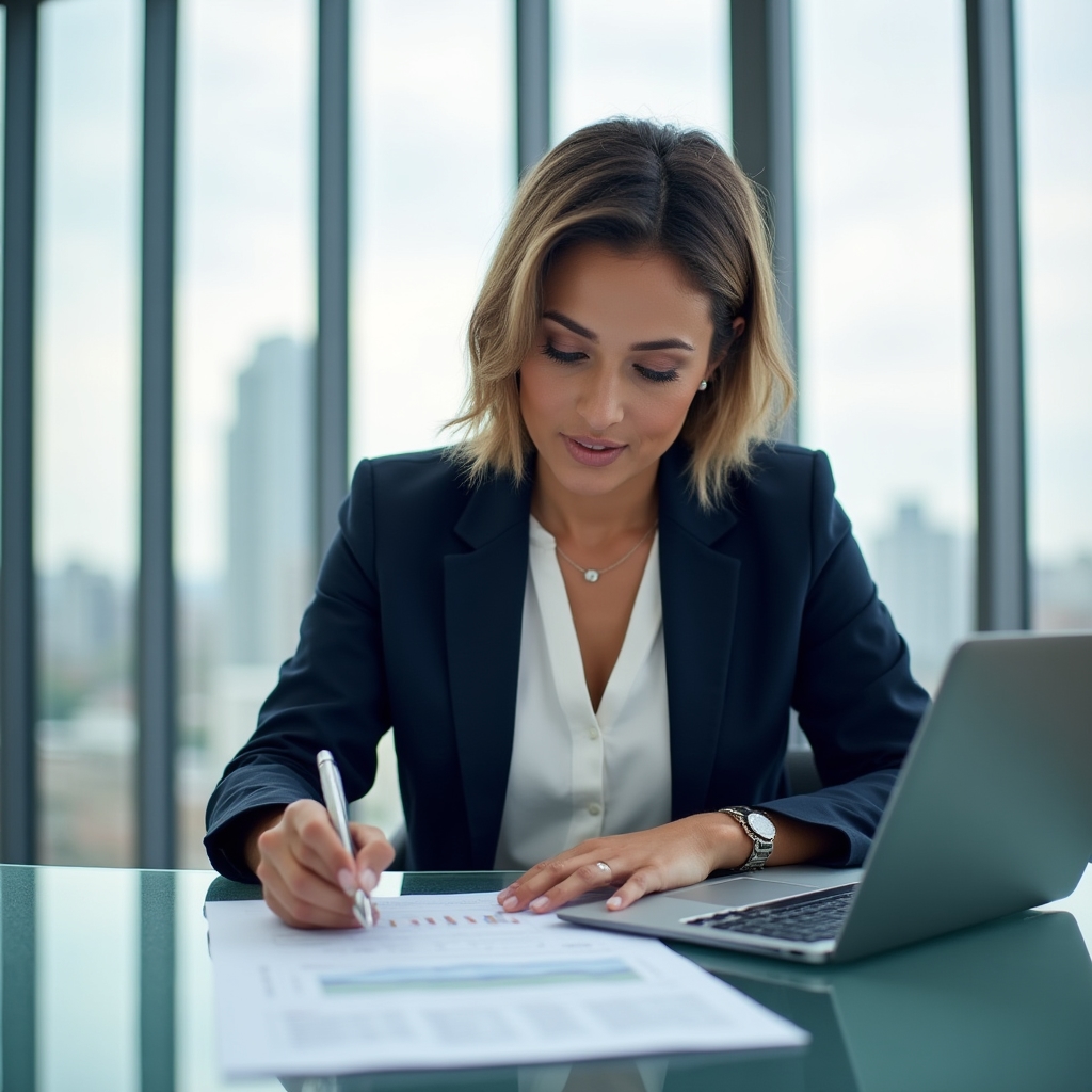Woman carefully reviewing a personal budget spreadsheet at a modern desk